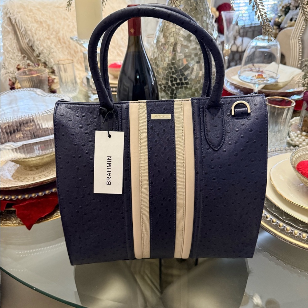 Brahmin Navy and Cream Satchel & Wallet Set